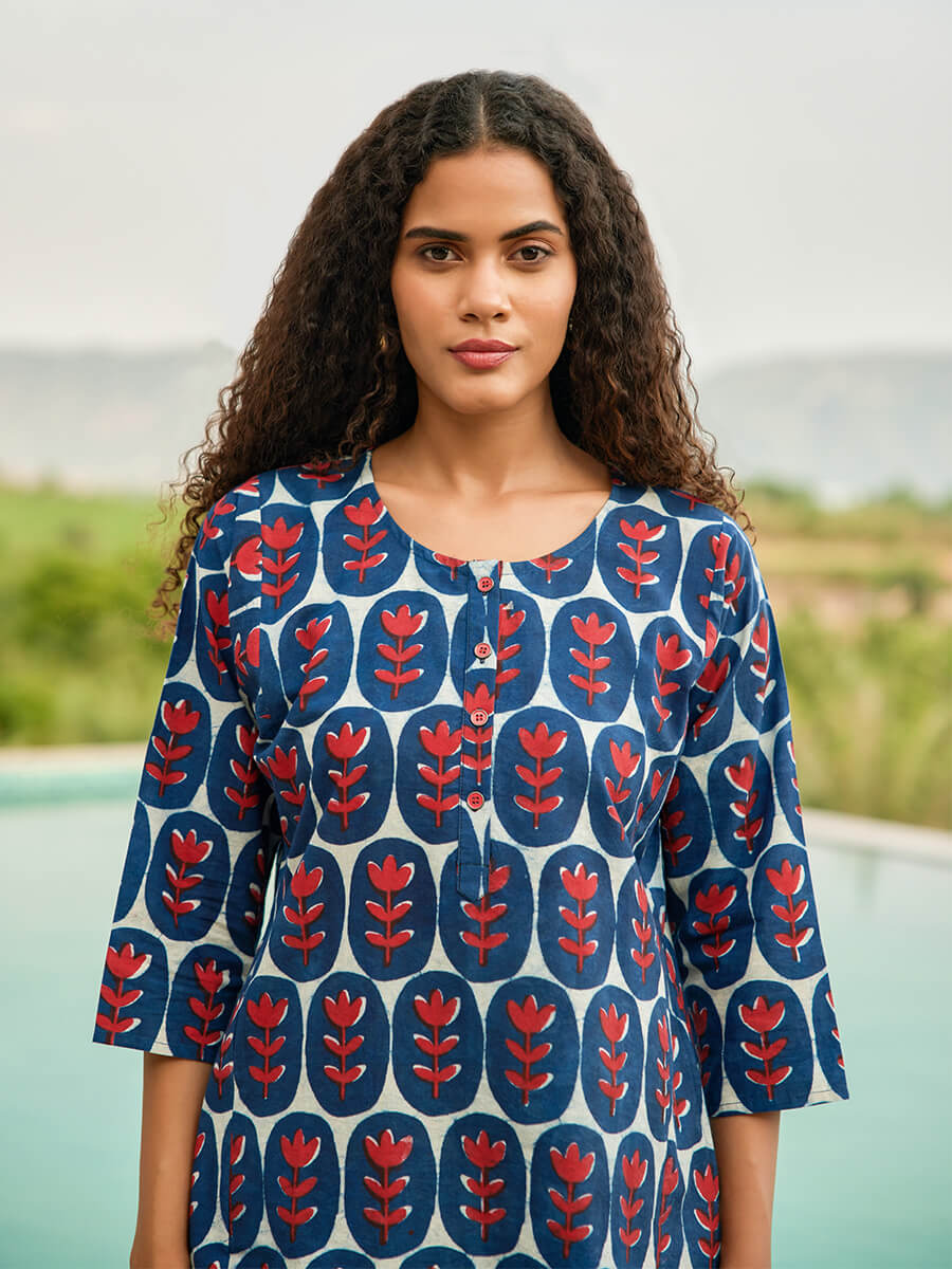 Blue & Red Women Cotton Straight Fit Kurta & Palazzo Set  Pinklay