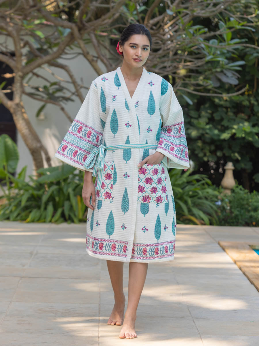 RimJhim Block Printed Waffle Cotton Bath Robe Pinklay