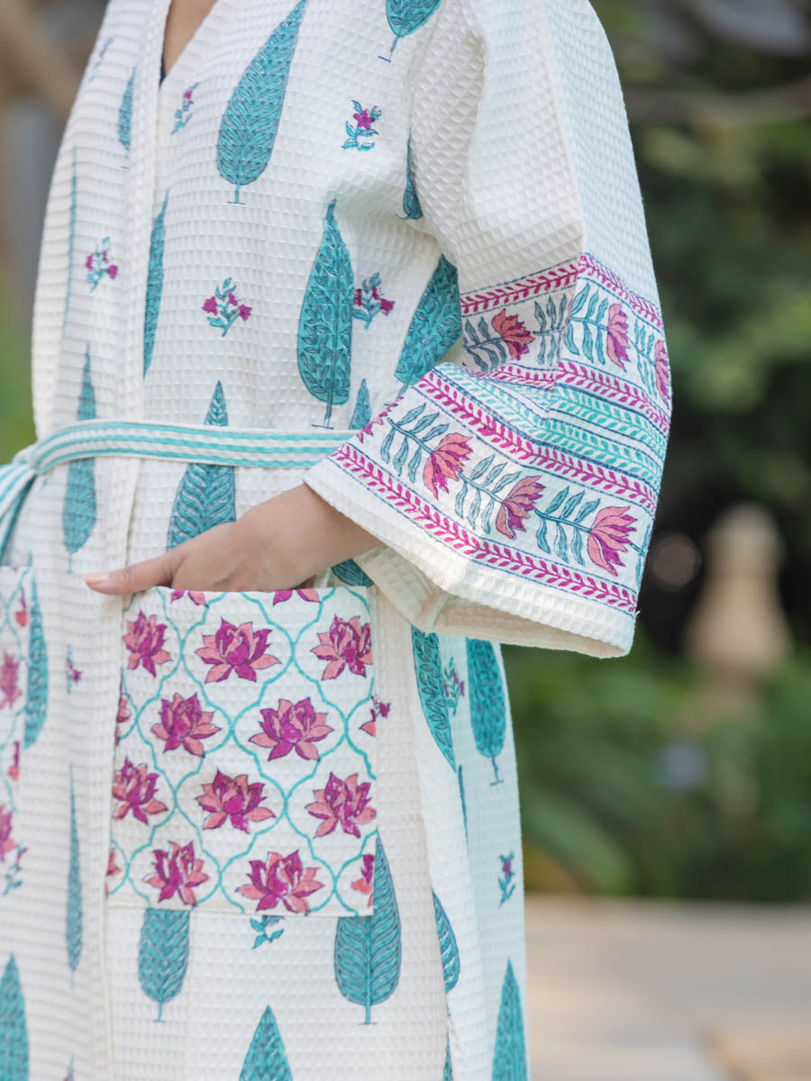 RimJhim Block Printed Waffle Cotton Bath Robe Pinklay