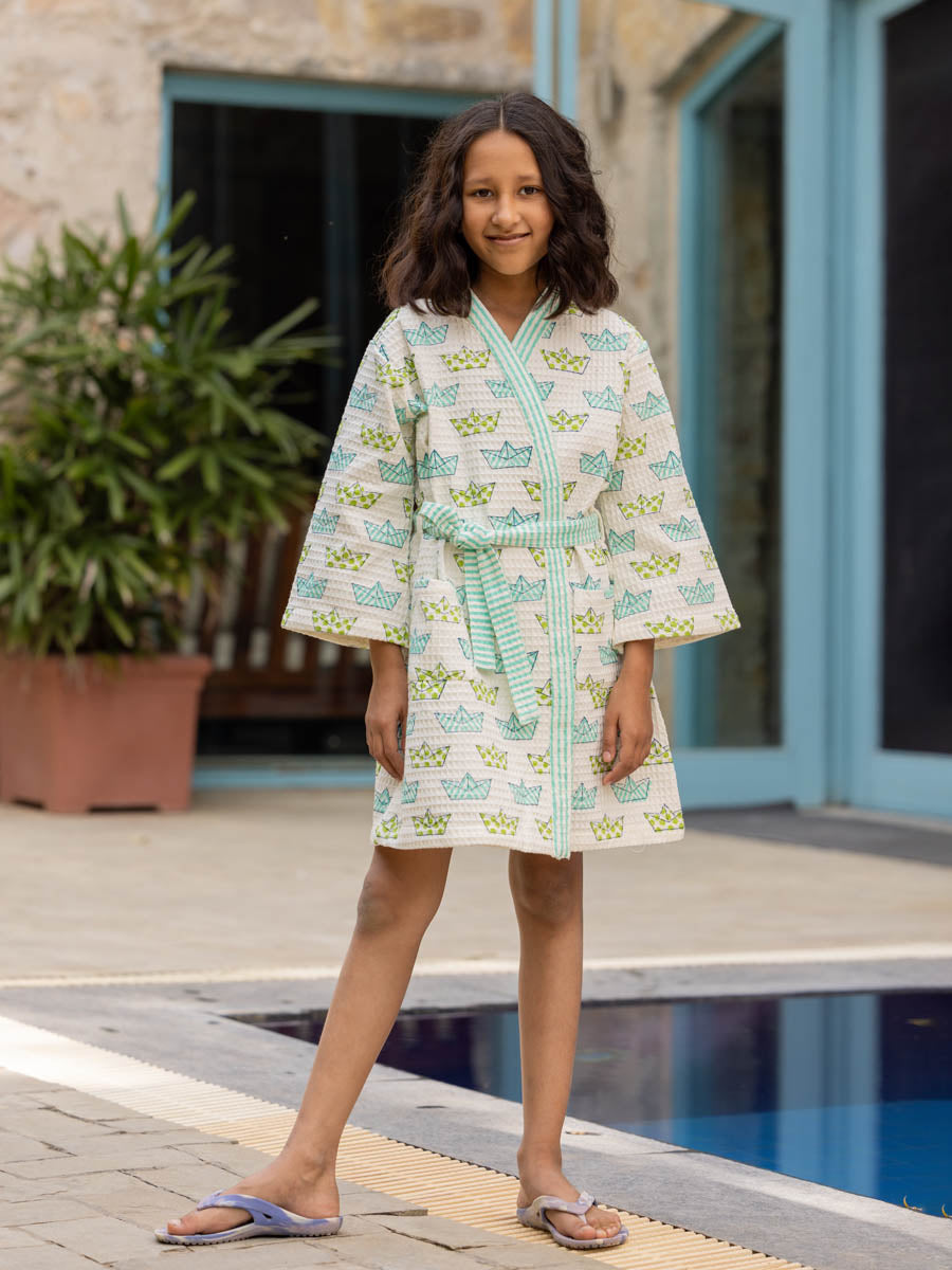 Tiny Sailor Block Printed Waffle Cotton Bath Robe Pinklay