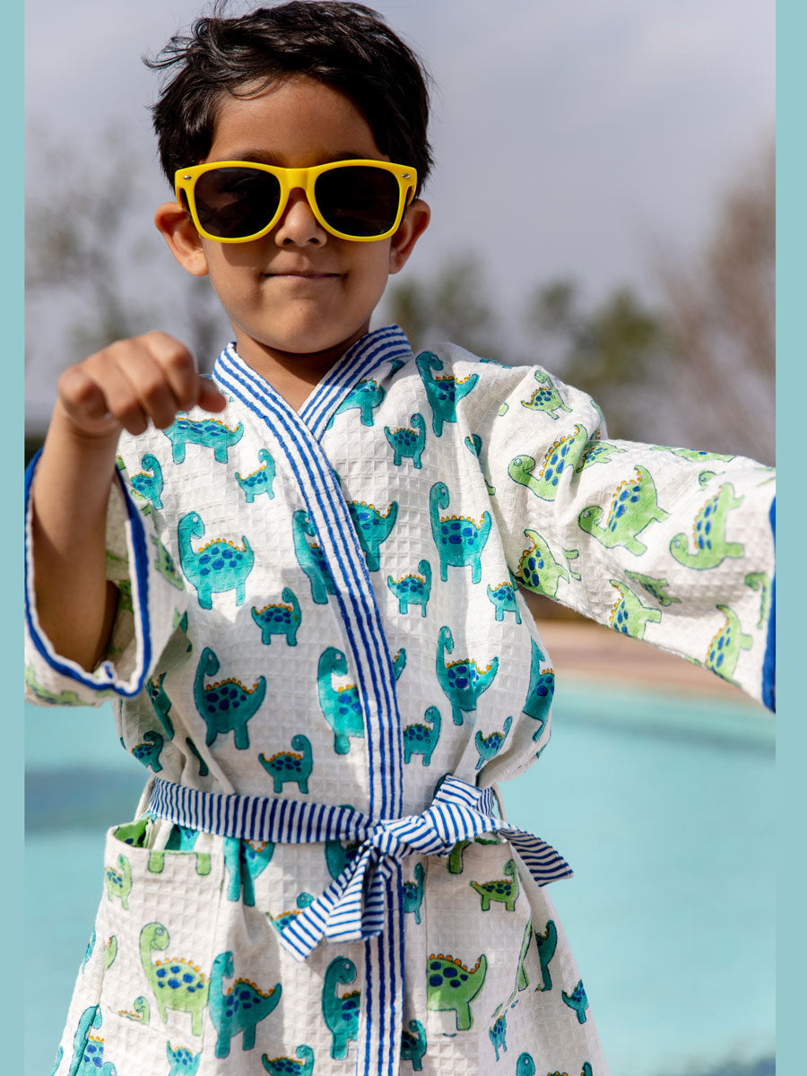 Dino Block Printed Waffle Cotton Bath Robe Pinklay