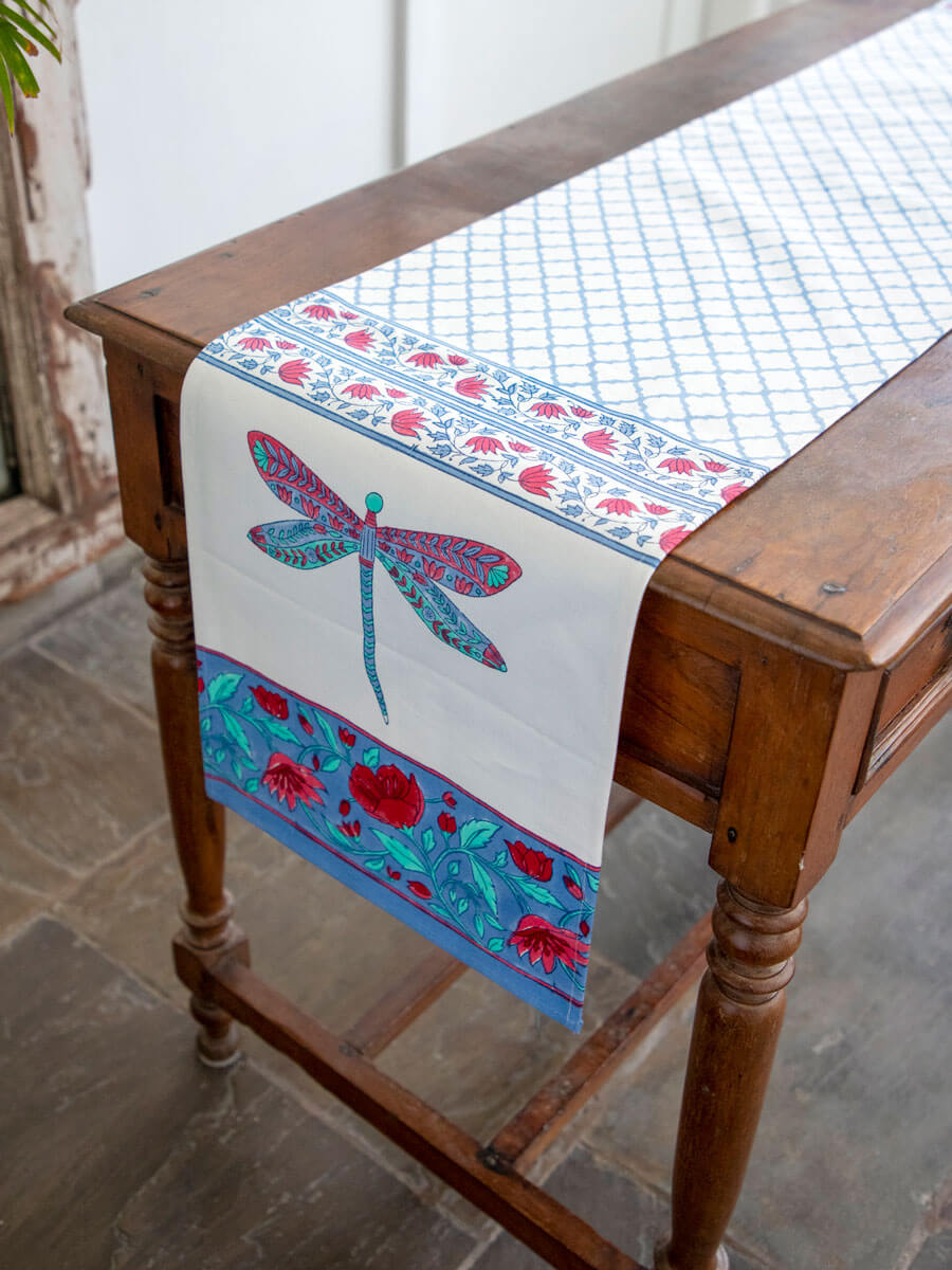 Dragonfly Hand Block Print Cotton Table Runner Pinklay
