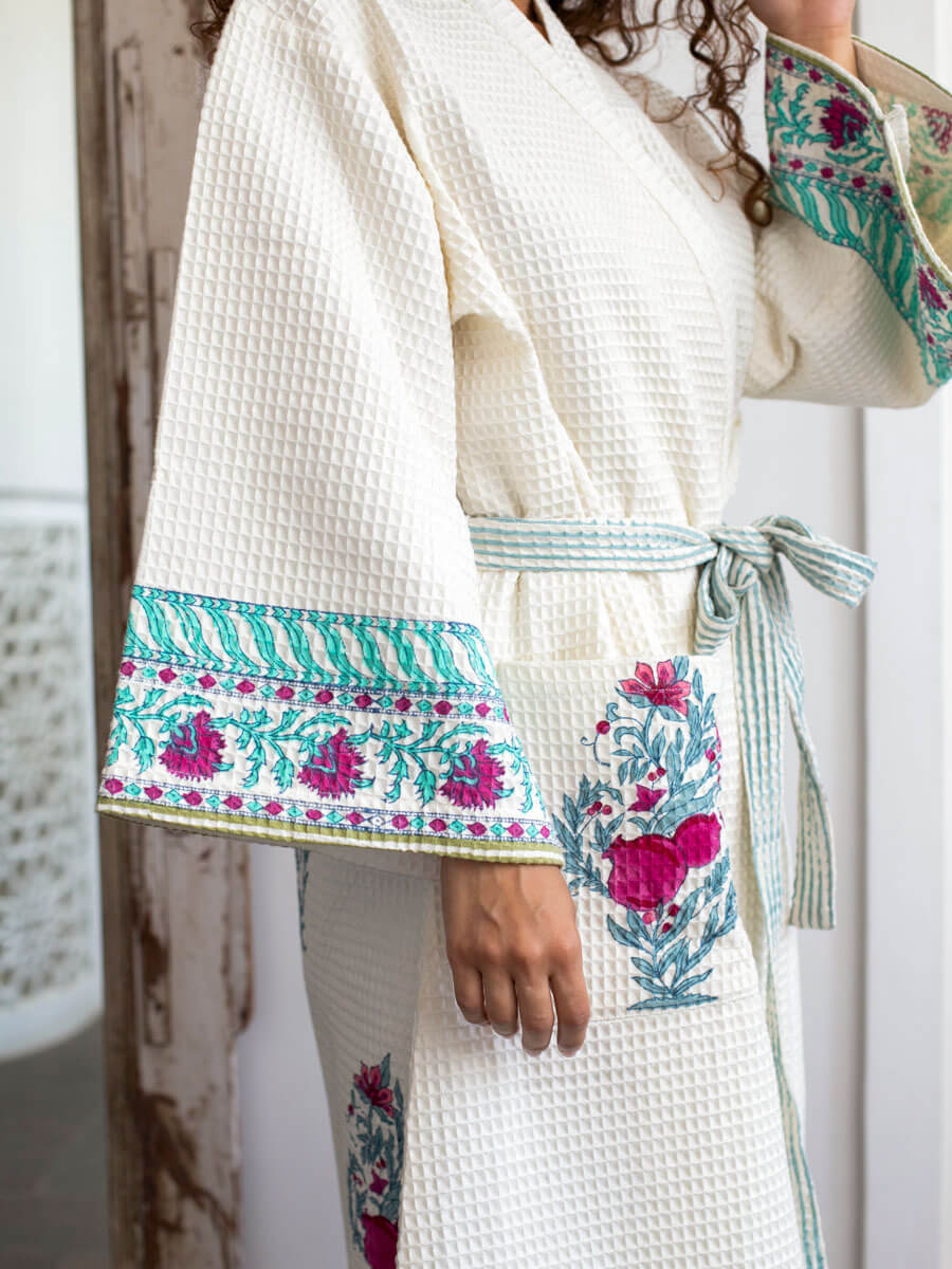 Pinar Hand Block Print Waffle Cotton Bath Robe Pinklay