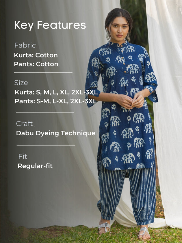 Set of 2 - Tarang Indigo Cotton Kurta with Pants