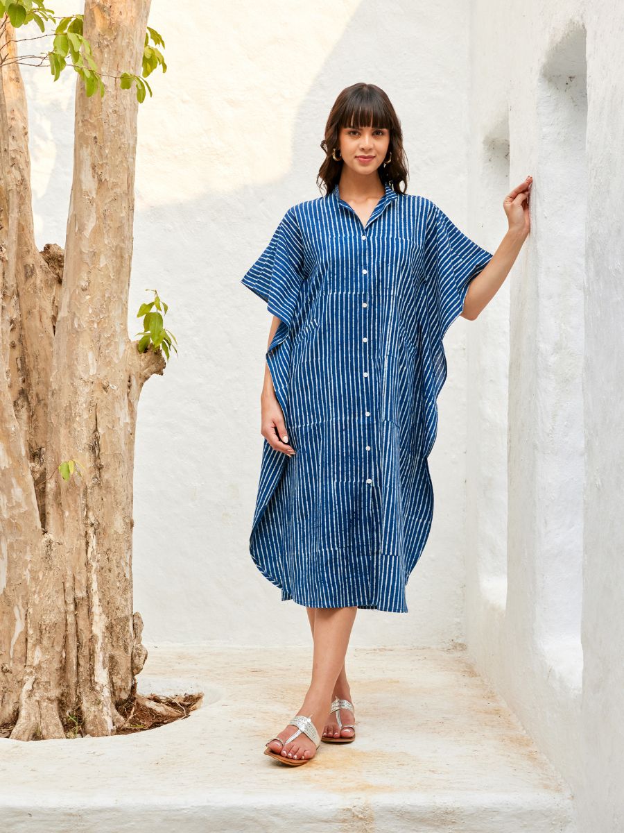 Indigo Stripes Women Dabu Cotton Kaftan Shirt Dress Pinklay (India) Indigo Stripes Women Dabu Cotton Kaftan Shirt Dress Pinklay (India)