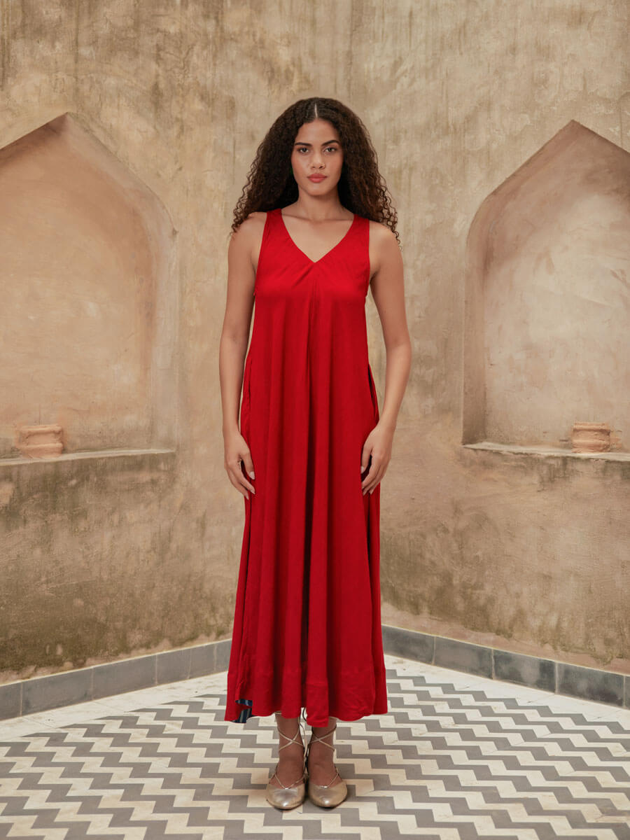 Red Women Viscose Slub Sleeveless Maxi Dress – Pinklay