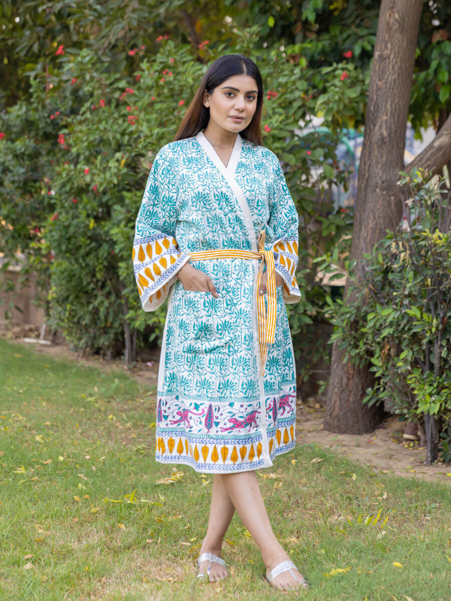 Adbhut Block Printed Luxury Cotton Bath Robe - Main Image