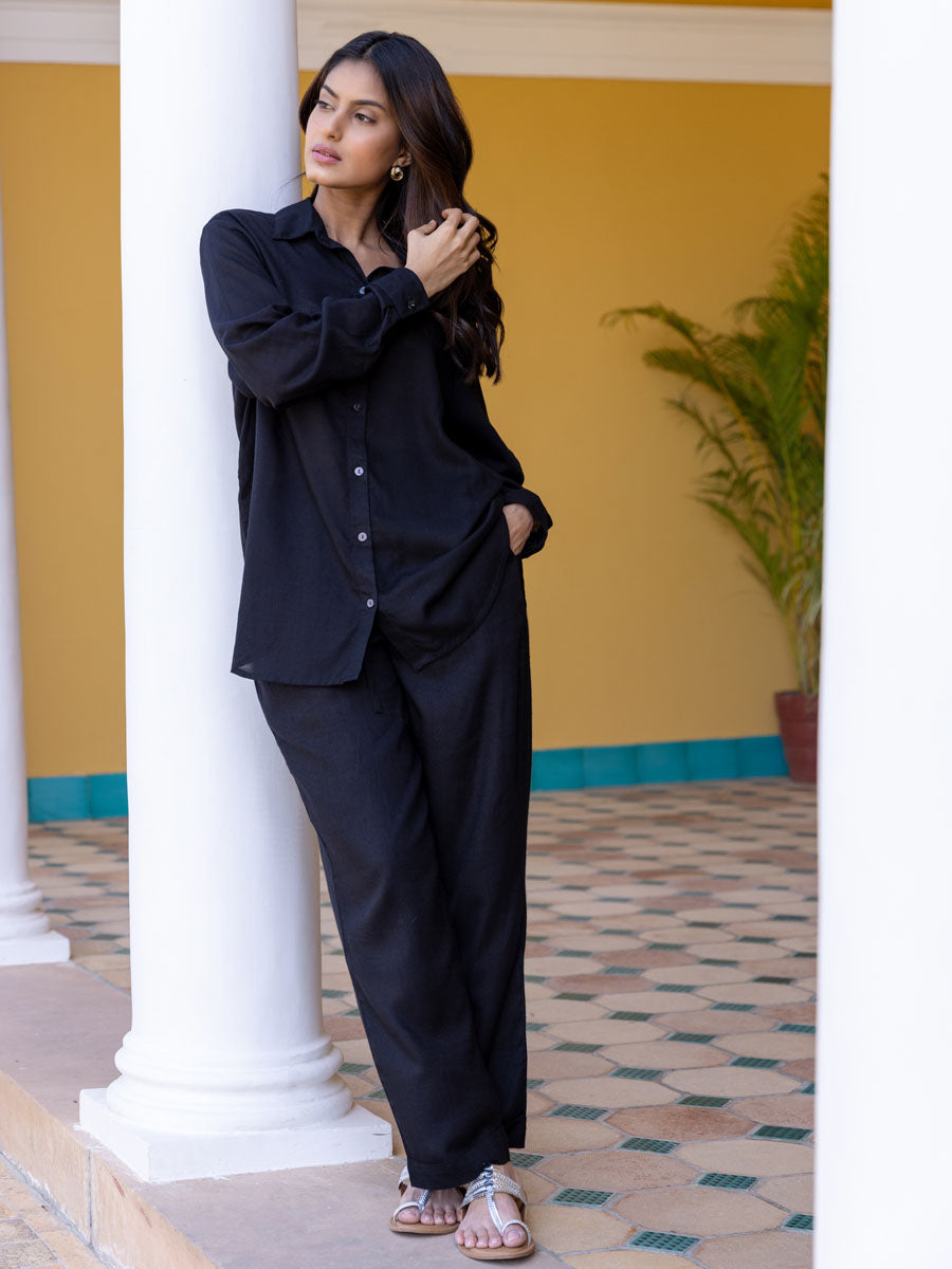 Classic Black Cotton Slub Shirt For Women
