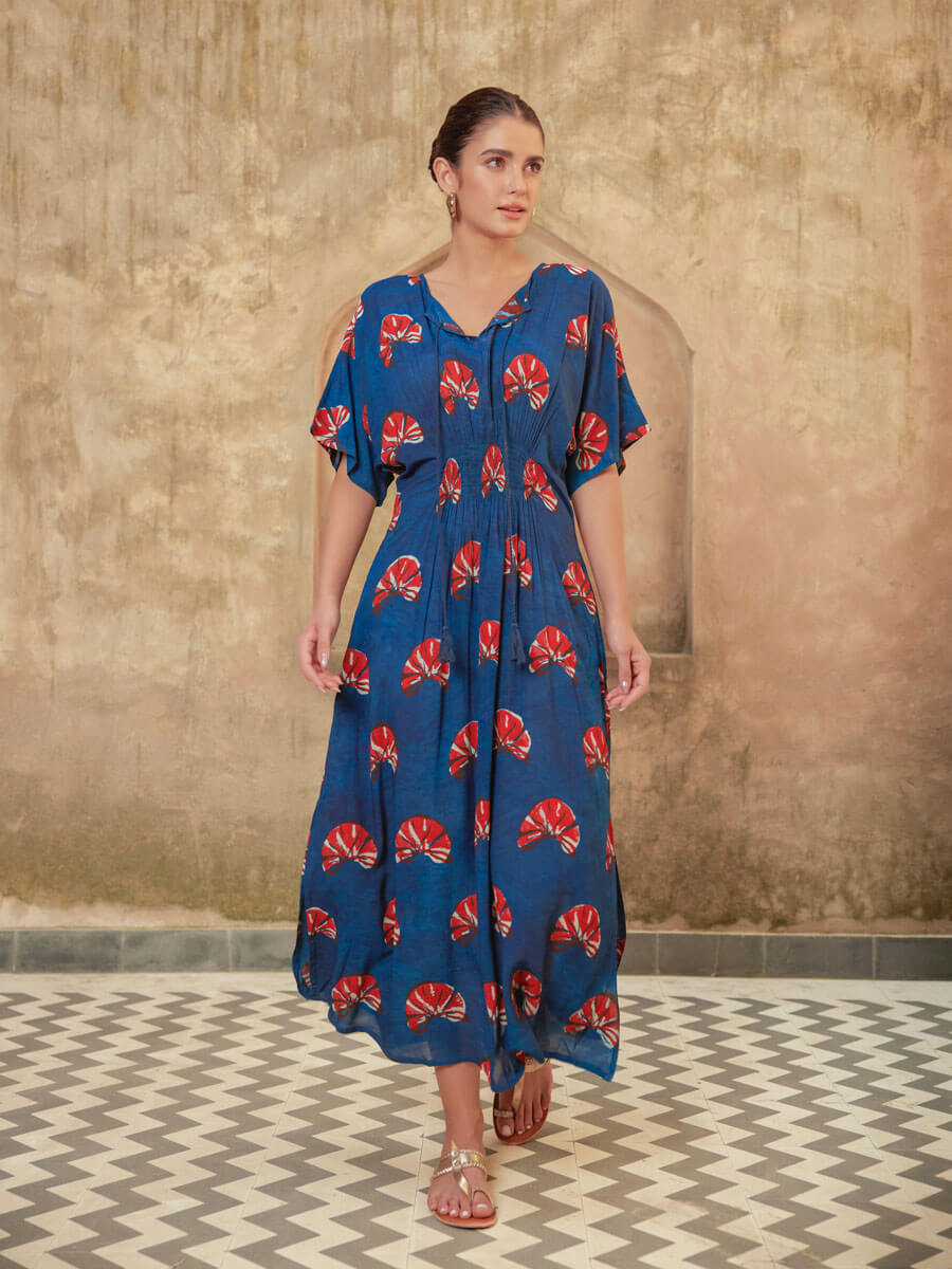 Blue, Red White Women Fit Flare Dabu Modal Maxi Dress – Pinklay