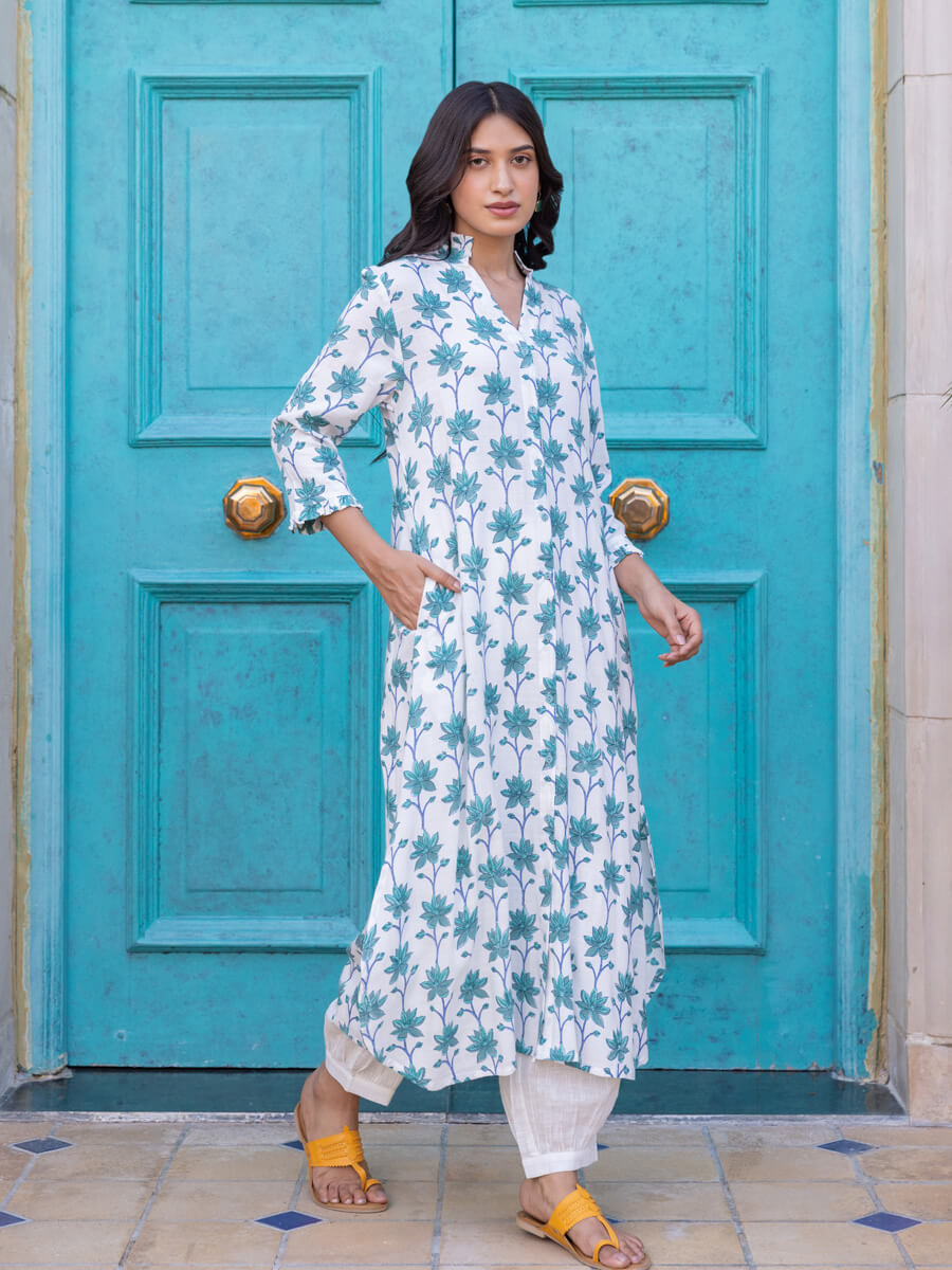 Sargam Block Printed Modal Shirt Kurta Pinklay - Main Image