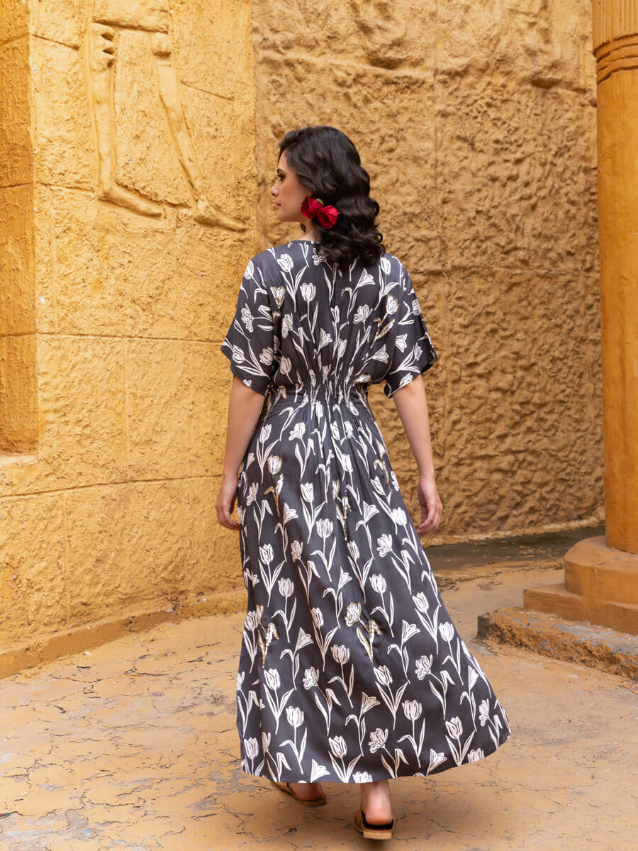 Grey White Women Fit Flare Modal Maxi Dress – Pinklay