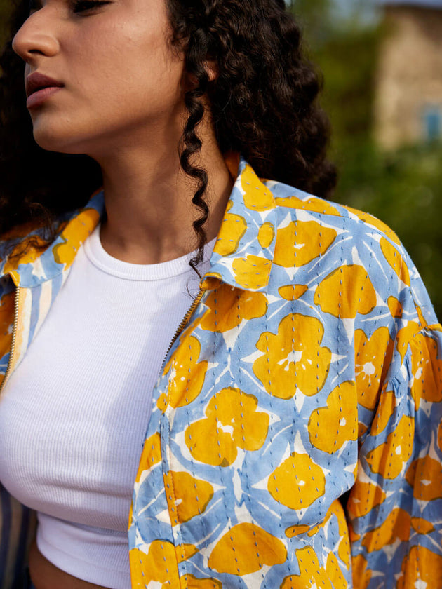 Euphoria Kantha Embroidered Block Printed Bomber Jacket - Pinklay