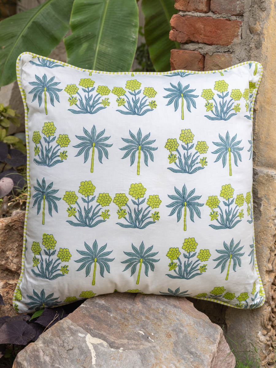 Yellow and Grey Hand Block Print Cotton Cushion Cover 24 Inch
