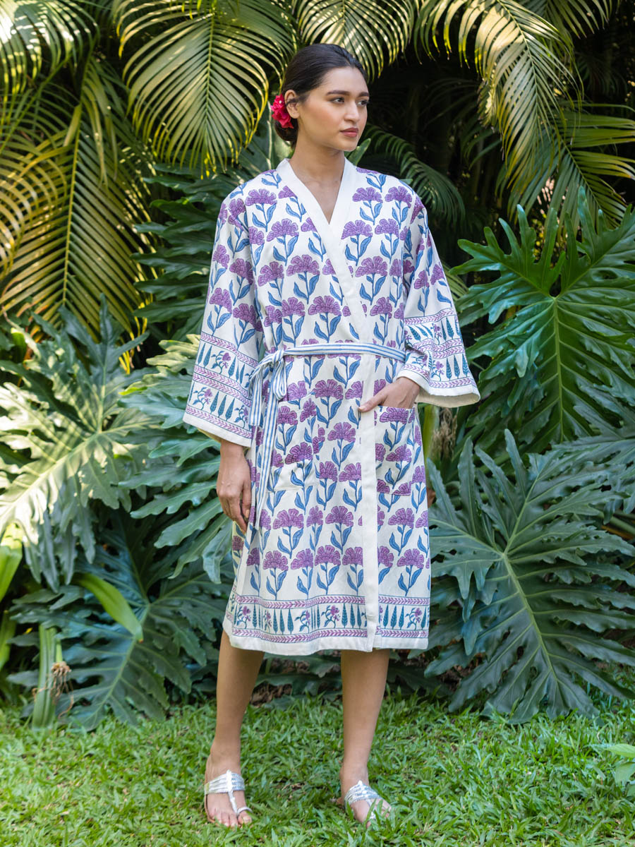 Fields Of Lavender Block Printed Cotton Bath Robe | Pinklay