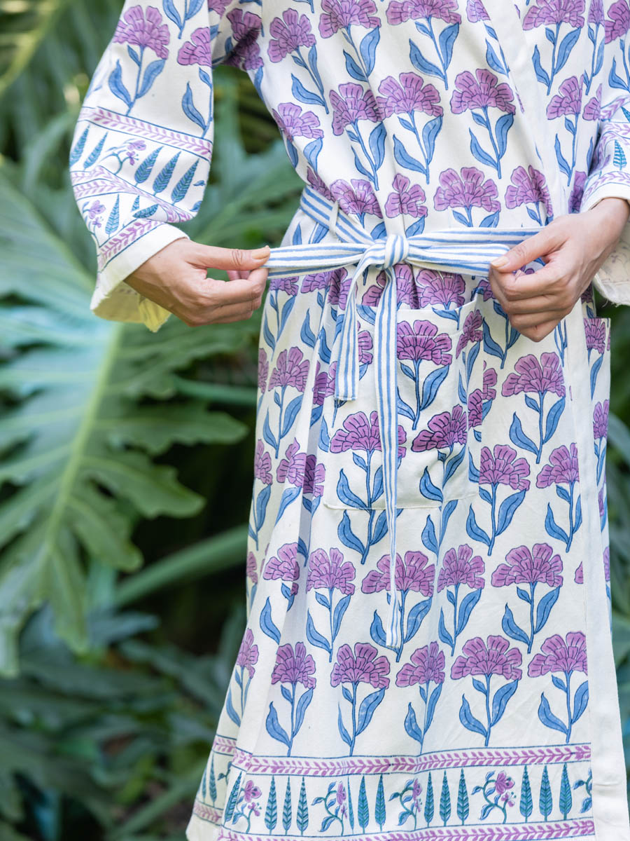 Fields Of Lavender Block Printed Cotton Bath Robe | Pinklay