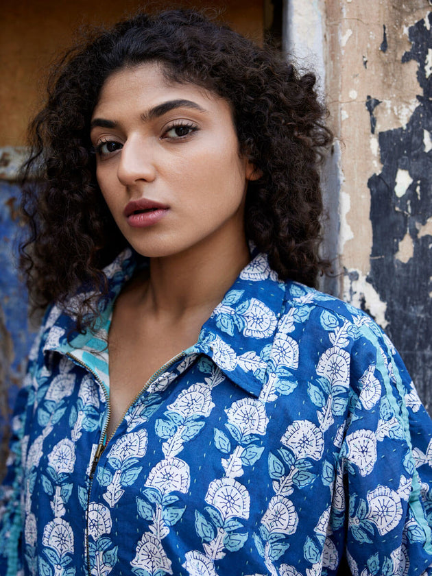 Freddie Kantha Embroidered Block Printed Bomber Jacket - Pinklay
