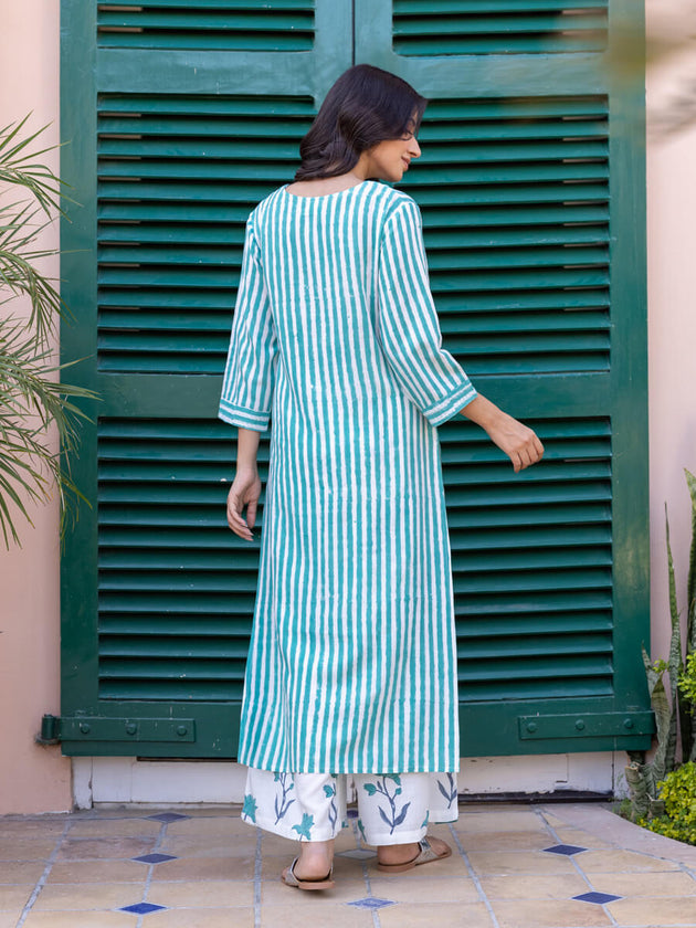Turquoise Stripes Hand Block Printed Long Kurta - Pinklay