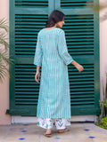 Turquoise Stripes Hand Block Printed Long Kurta - Pinklay