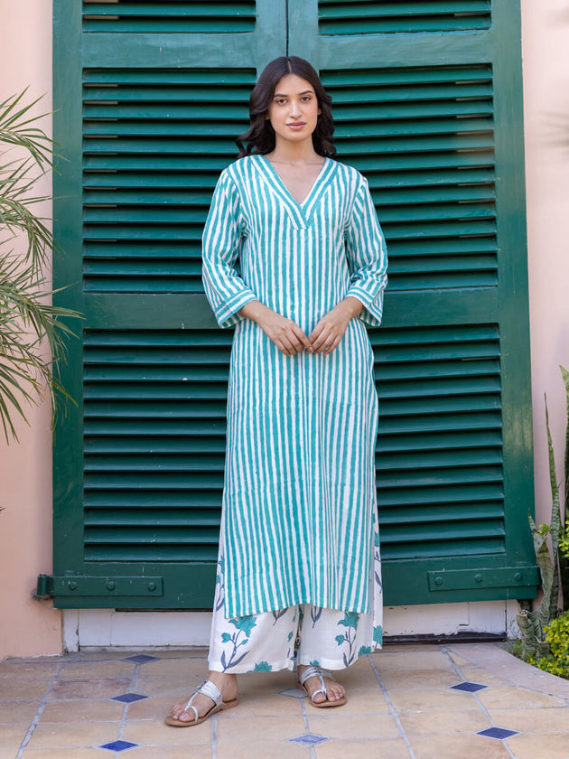 Turquoise Stripes Hand Block Printed Long Kurta - Pinklay