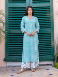 Turquoise Stripes Hand Block Printed Long Kurta - Pinklay
