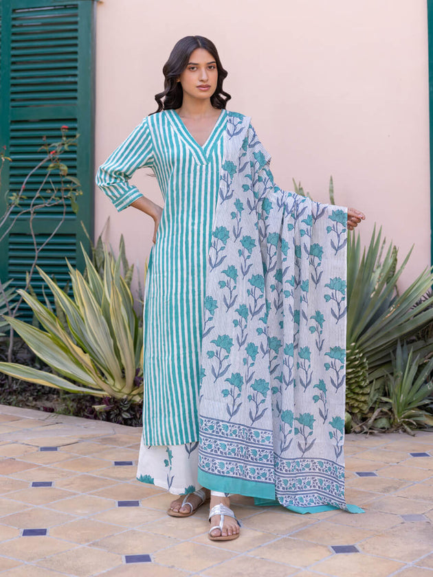 Turquoise Stripes Hand Block Printed Long Kurta - Pinklay