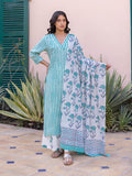 Turquoise Stripes Hand Block Printed Long Kurta - Pinklay