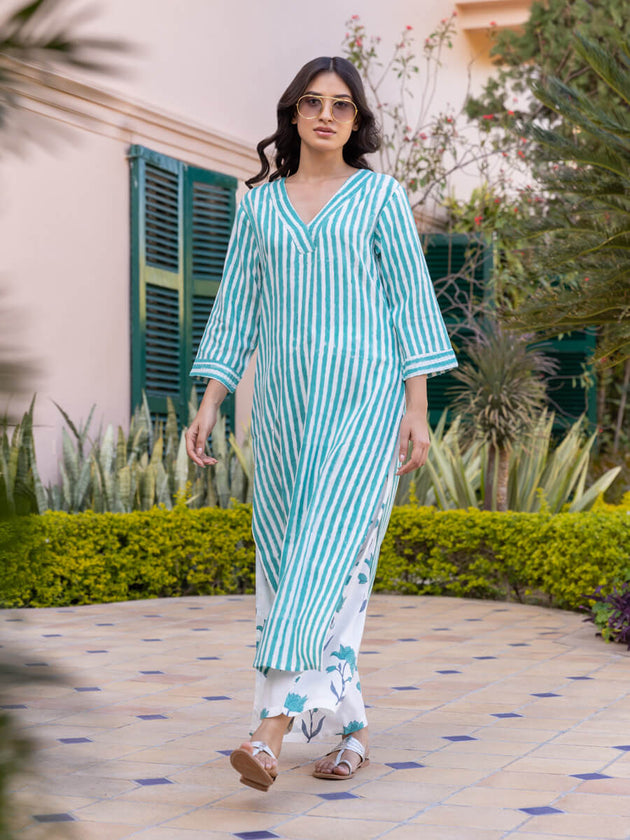 Turquoise Stripes Hand Block Printed Long Kurta - Pinklay