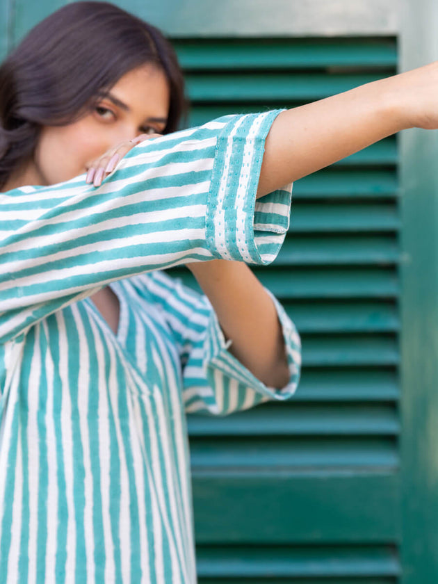 Turquoise Stripes Hand Block Printed Long Kurta - Pinklay