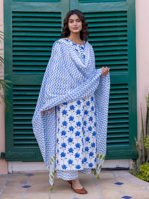 Classic Chevron Hand Block Printed Cotton Dupatta - Pinklay