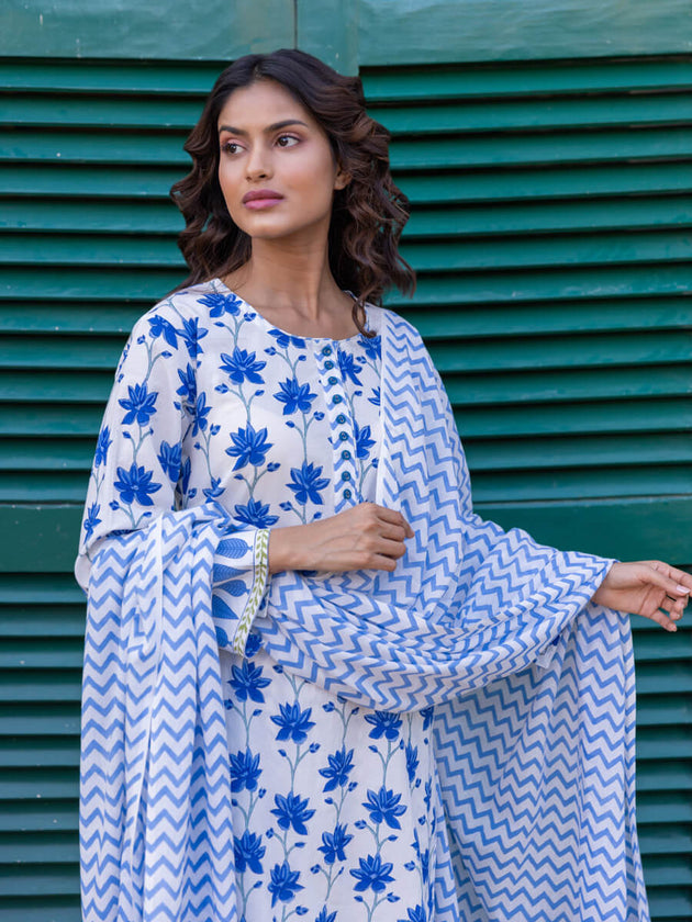 Classic Chevron Hand Block Printed Cotton Dupatta - Pinklay
