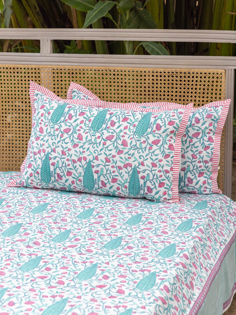 Turquoise and Pink Hand Block Print Cotton Bedsheet – Pinklay
