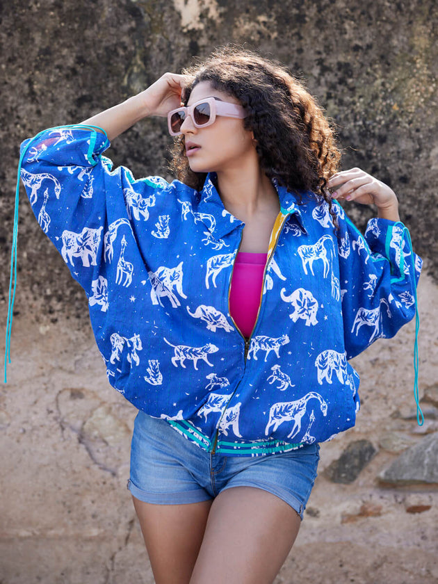 Gypsy Kantha Embroidered Block Printed Bomber Jacket - Pinklay