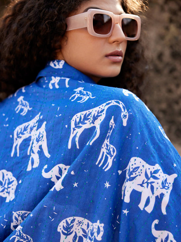 Gypsy Kantha Embroidered Block Printed Bomber Jacket - Pinklay