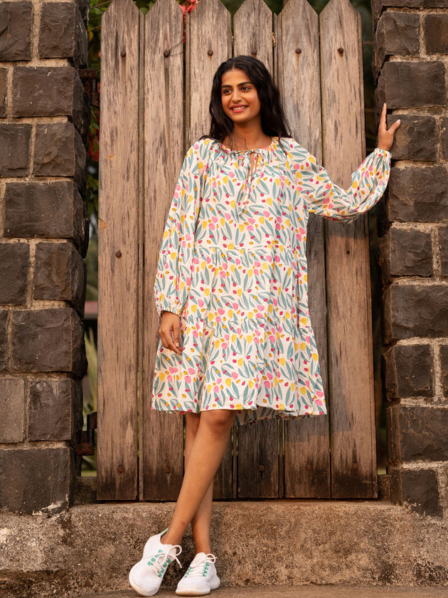 Dancing Tulips Balloon Sleeve Dress