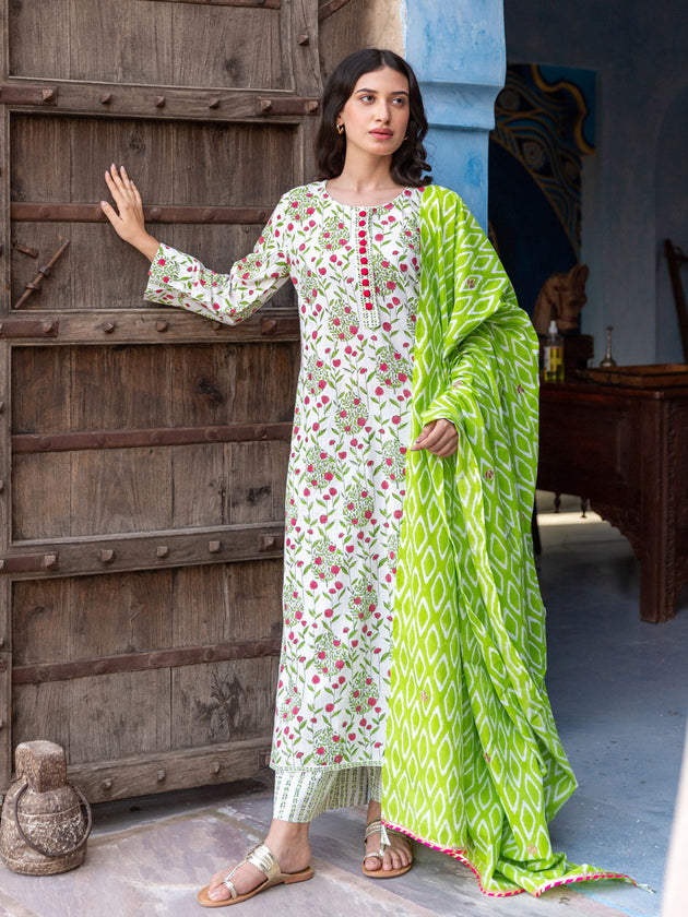 Set of 3 - Gulnaz Cotton Kurta, Palazzo and Dupatta