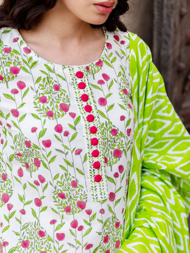 Set of 3 - Gulnaz Cotton Kurta, Palazzo and Dupatta