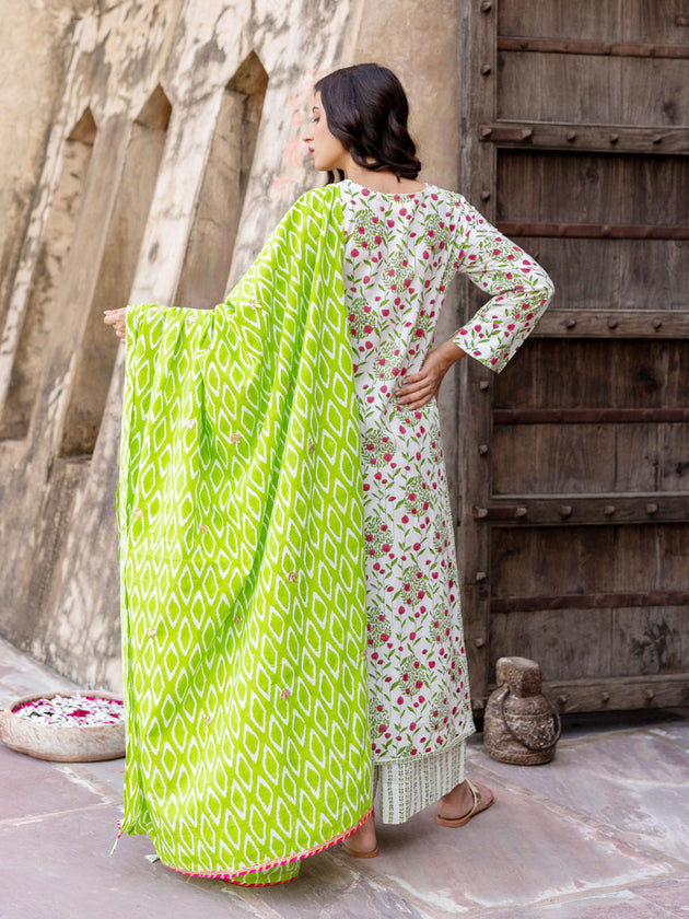 Set of 3 - Gulnaz Cotton Kurta, Palazzo and Dupatta