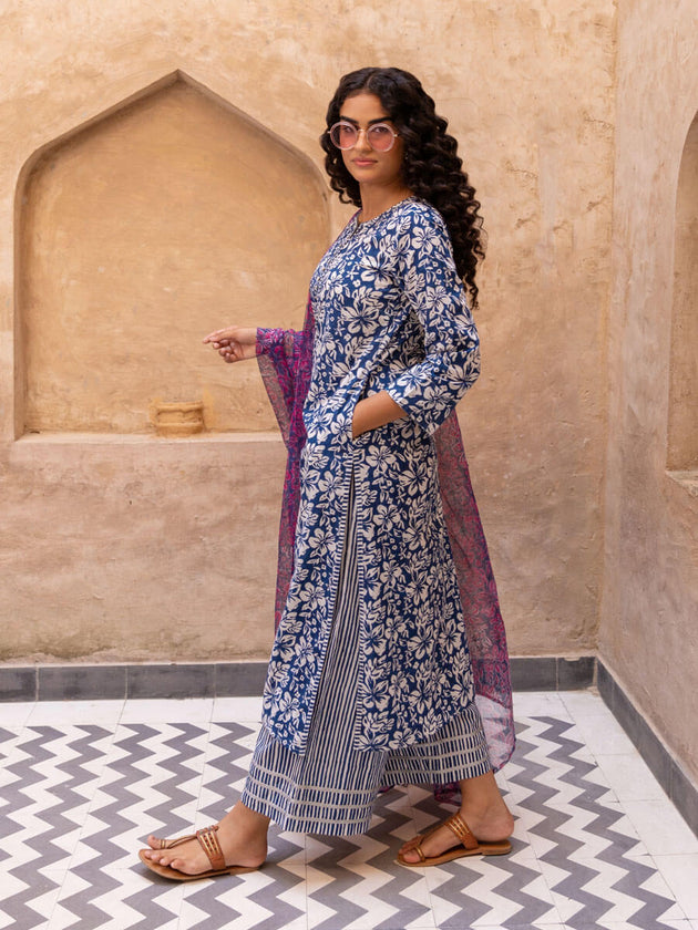Set of 3 - Minakshi Cotton Kurta, Palazzo and Dupatta