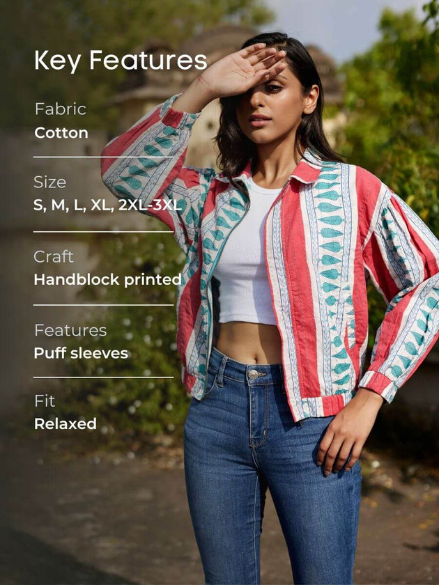 Jane Kantha Embroidered Block Printed Bomber Jacket - Pinklay