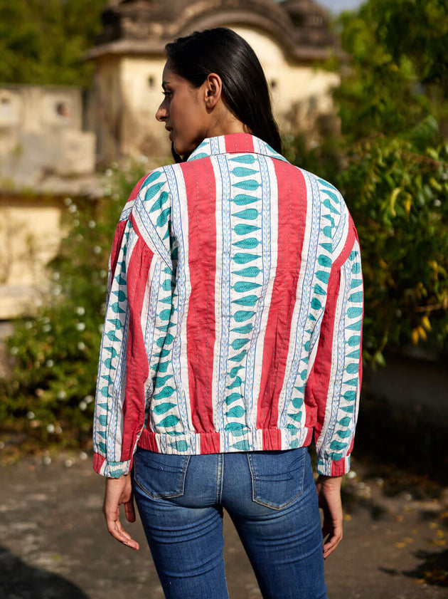 Jane Kantha Embroidered Block Printed Bomber Jacket - Pinklay