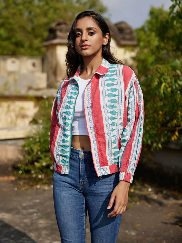 Jane Kantha Embroidered Block Printed Bomber Jacket - Pinklay