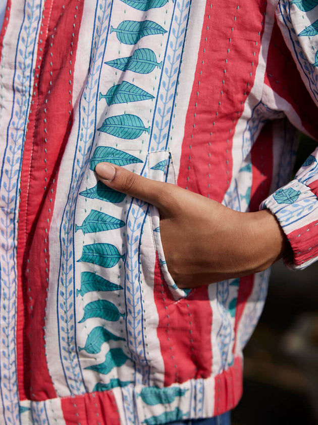 Jane Kantha Embroidered Block Printed Bomber Jacket - Pinklay