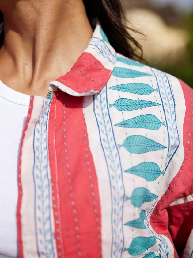 Jane Kantha Embroidered Block Printed Bomber Jacket - Pinklay