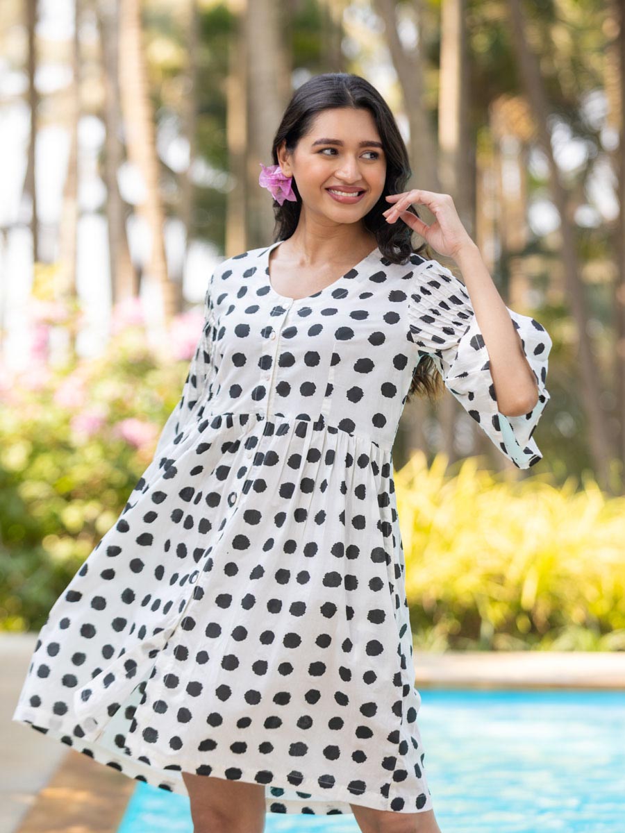 Kate Black Polka Cotton Pintuck Dress