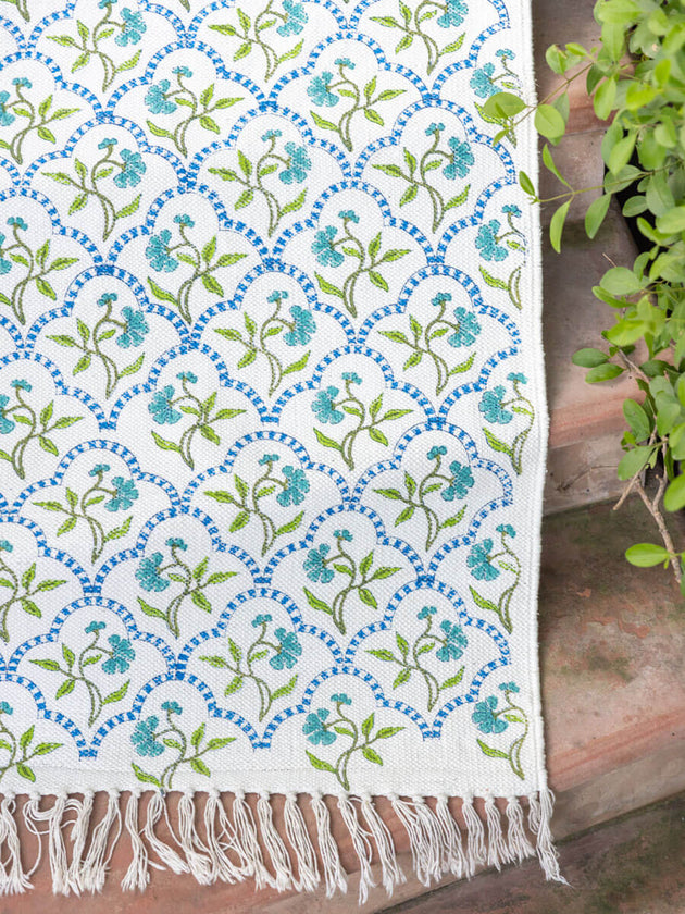 Kolam Block Printed Cotton Dhurrie Rug - Pinklay
