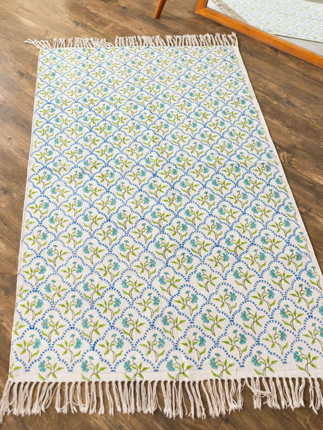 Kolam Block Printed Cotton Dhurrie Rug - Pinklay