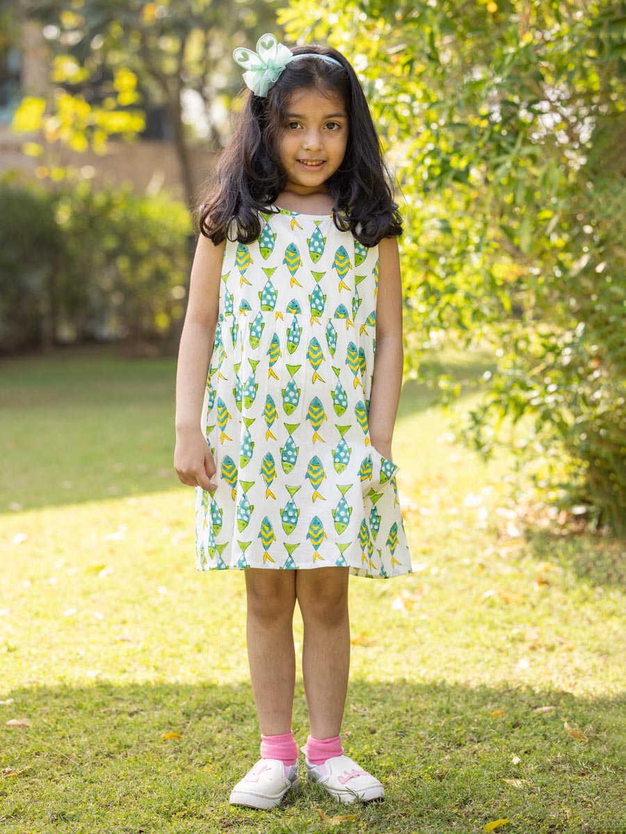 Little Fish Organic Cotton Block Printed Dress - Main Image