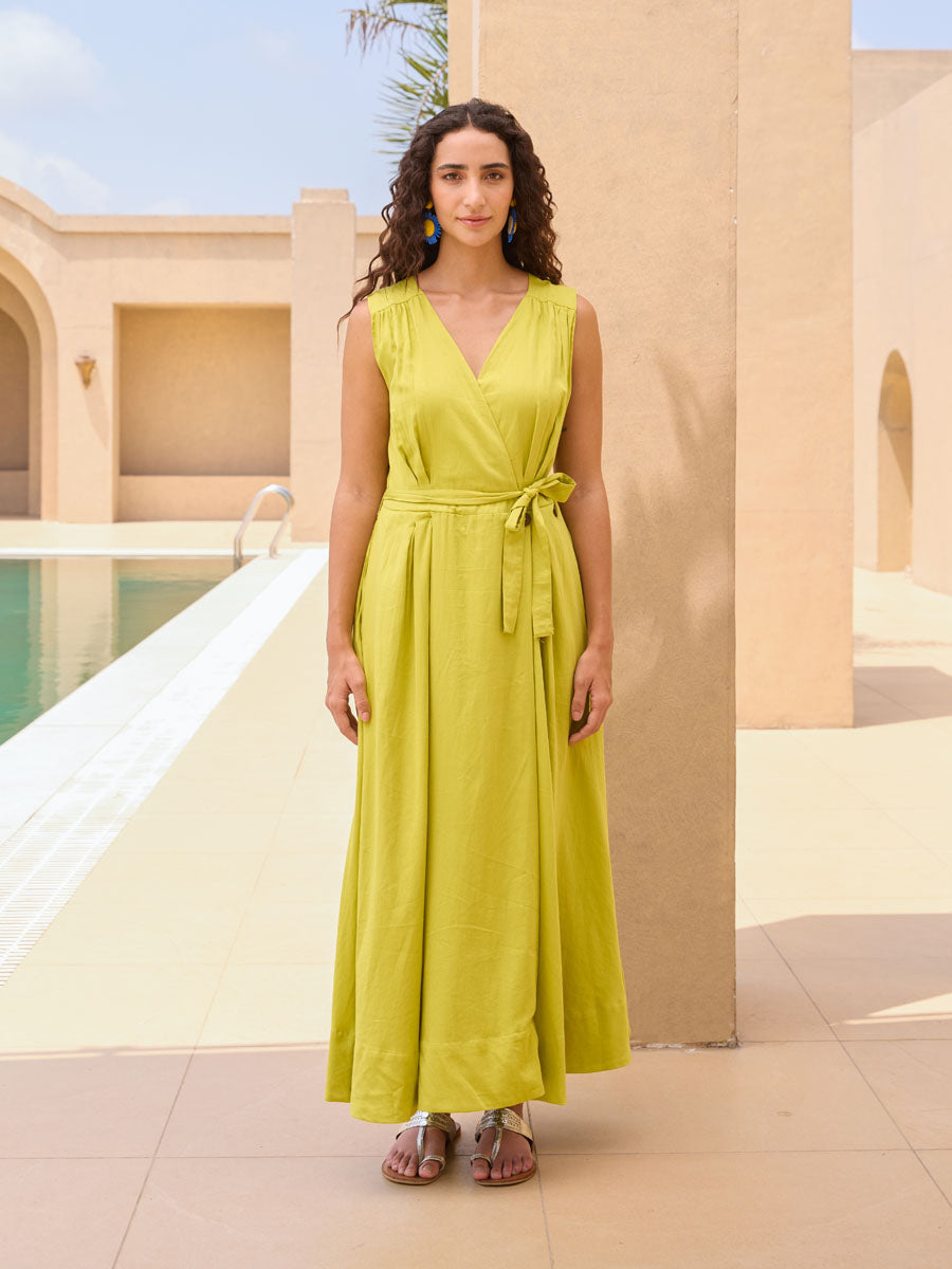 Green Wrap Around Maxi Dress For Women Pinklay (India) Green Wrap Around Maxi Dress For Women Pinklay (India)