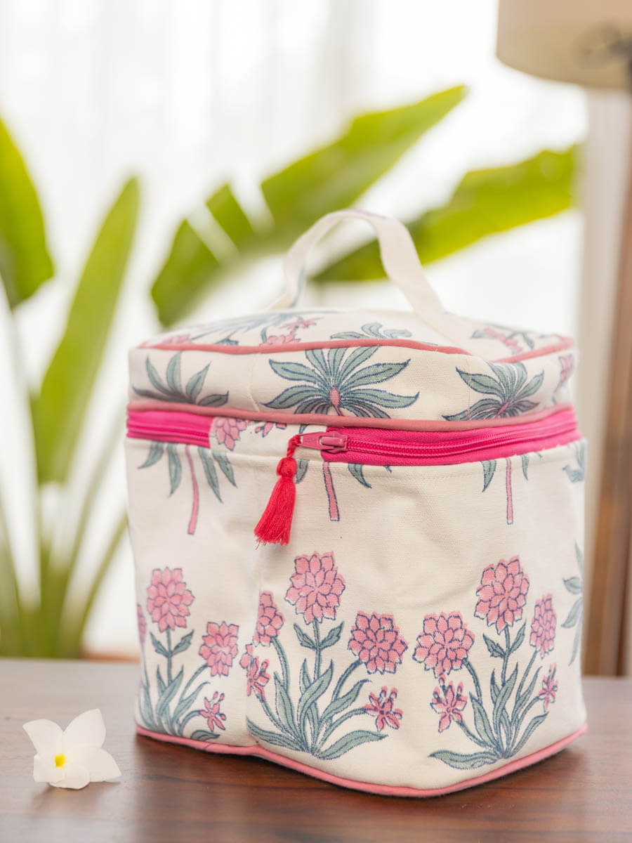 Pink Garden Cotton Travel Vanity Case