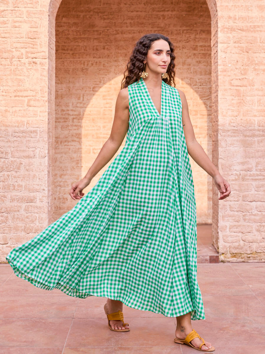 green cotton maxi dress Green Checks Woman Cotton Maxi Dress – Pinklay
